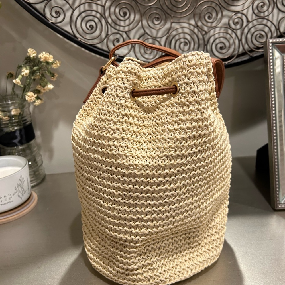 Montce Woven Drawstring Bucket Bag in Cream with Tan Trim